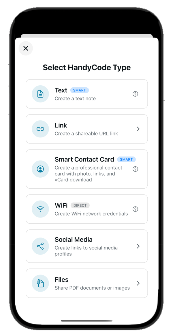 Choose what your QR does. Type selection screen showing Text, Link, Contact Card, WiFi, Social, and Files