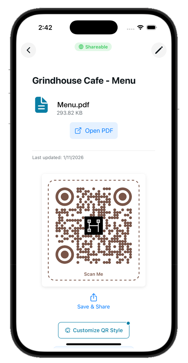 Create a QR for your menu in seconds. PDF menu code with shareable badge and custom QR
