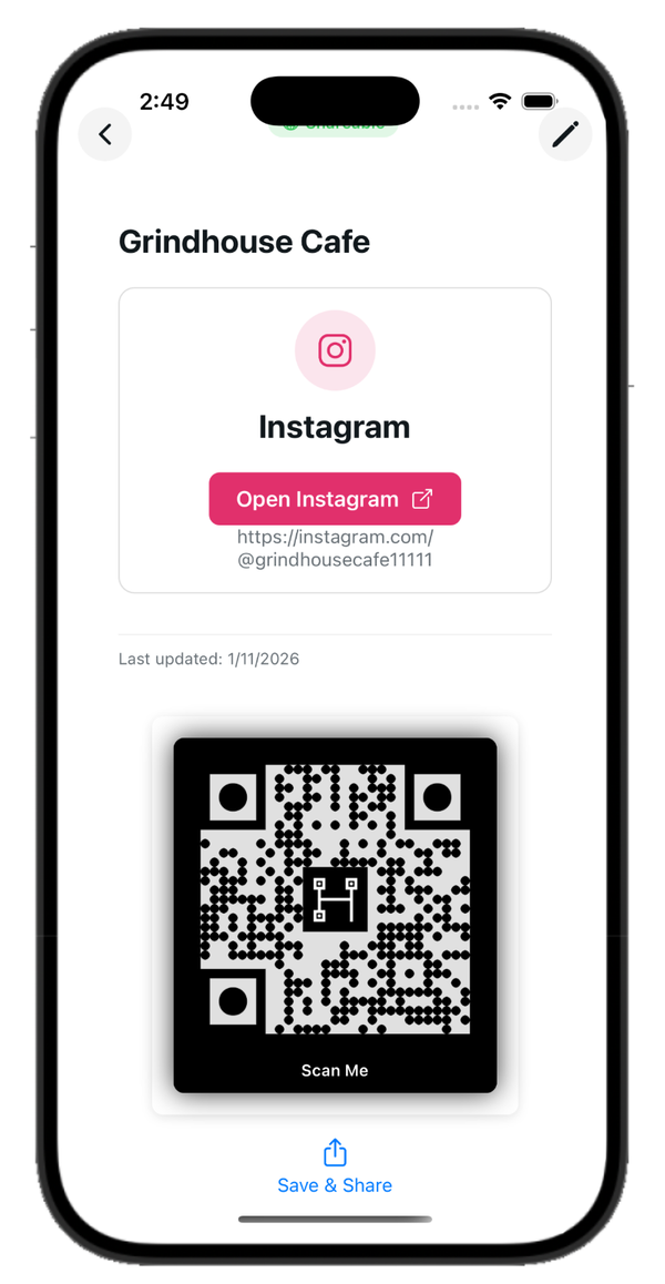 Share a social profile instantly. Instagram QR code with Open Instagram button
