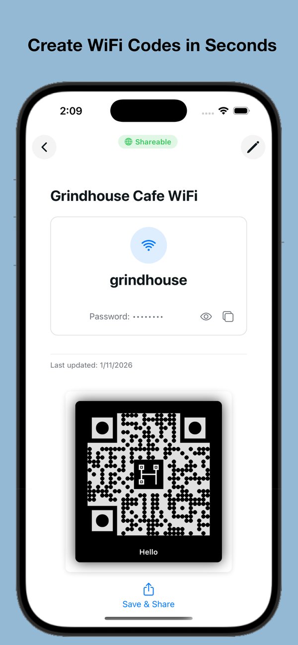 Create WiFi codes in seconds. WiFi credential QR code with network and password